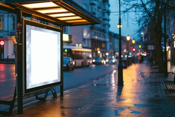 Blank advertising poster mockup template on an empty bus stop by the road.