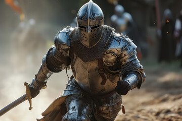 Historical reconstruction of a medieval battle, a knight running into the attack with a sword and in armor