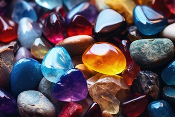 Chakra Crystals Banner  Colorful healing stones for energy balance. - obrazy, fototapety, plakaty