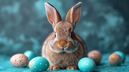 Cute little rabbit with Easter eggs on a blue background, closeup.