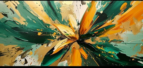 Bold strokes of emerald and gold petals, dynamic and energetic.