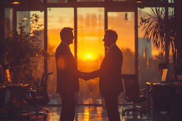 two men shaking hands in an office, in the style of sigma 105mm f/1.4 dg hsm art, transfer, subtle, smilecore, commission for