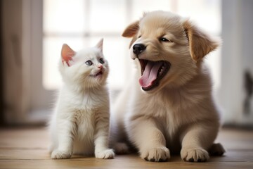 Frame a playful scene with puppies or kittens engaged in a lighthearted game