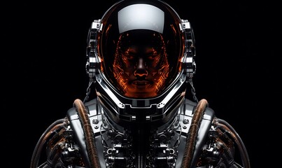 Futuristic astronaut fashion, symetrical, front view, an astronaut with a metal chrome space suit, epic, cinematic, vibrant, luminous, photography, detail, black background. Generative Ai

