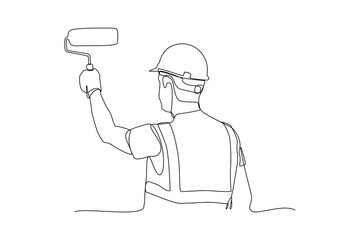 Continuous one line drawing carpenter is painting the walls. Construction worker in uniform and helmet doing work. Builder concept. Repair work services. Single line draw design.