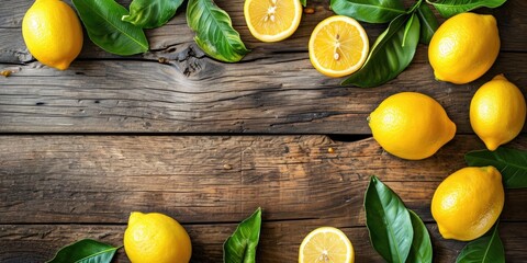 Fresh lemon with leaves, wooden background