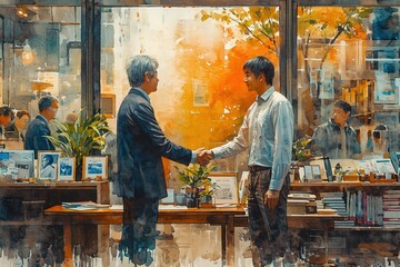 two men shaking hands in an office, in the style of sigma 105mm f/1.4 dg hsm art, transfer, subtle, smilecore, commission for - obrazy, fototapety, plakaty