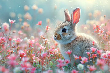 Fluffy White Bunny, Pastel Easter, Springtime Delight, Adorable Easter Scene, easter bunny in the grass