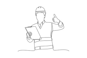 Continuous one line drawing The boss is checking project work. Construction worker in uniform and helmet doing work. Builder concept. Repair work services. Single line draw design.