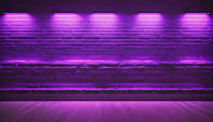 Purple neon-lit brick wall background with copy space. High-quality stock photo of empty background...
