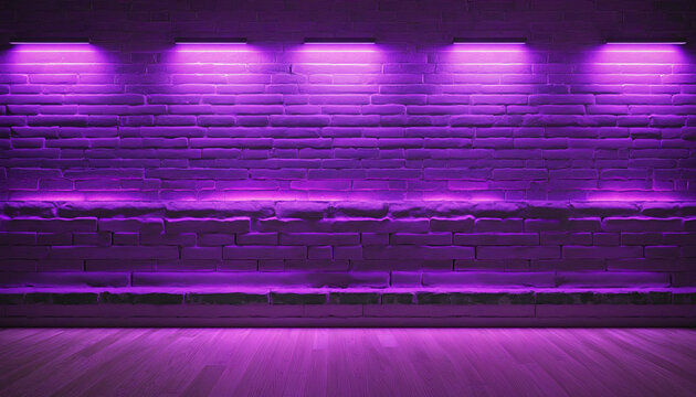 Purple neon-lit brick wall background with copy space. High-quality stock photo of empty background for texture with purple glow.