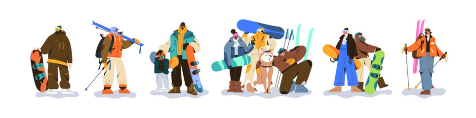 People in ski equipment set. Professional snowboard riders with kid, dog. Holidays in mountains, snow resort. Extreme winter sport, active hobby. Flat isolated vector illustration on white background