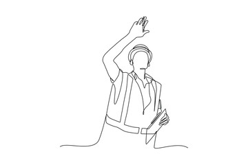 Continuous one line drawing the supervisor is giving directions. Construction worker in uniform and helmet doing work. Builder concept. Repair work services. Single line draw design vector illustratio