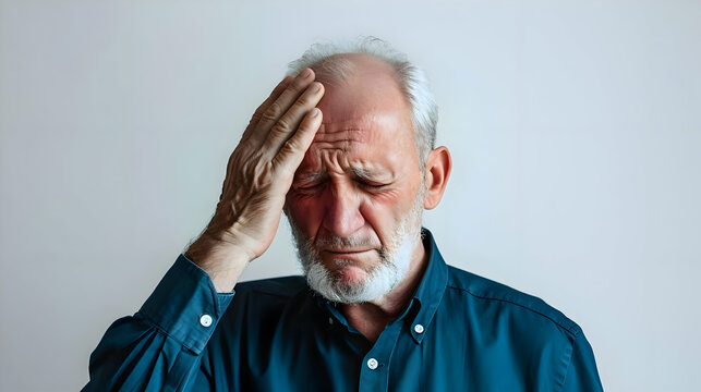 An Old Man With Migraine Headache Holding His Head Isolated On A White Background. High Quality