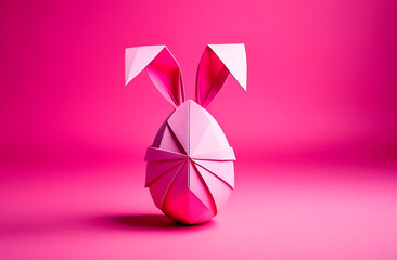 Easter egg with bunny ears, paper origami egg, minimalism on a pink background, Easter greeting card concept