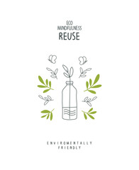 Vector Hand drawn cartoon sketch of reuse plastic bottle. Sustainable lifestyle. Plastic free ecological poster. Zero waste Concept.

