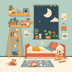 Flat illustration of cozy toddler room. Blue child room interior. High-resolution