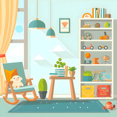 Flat illustration of cozy child room. Blue baby room interior. High-resolution