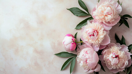 Blooming Peonies on Muted Backdrop, Soft Pink Floral Arrangement, Elegant Peony Frame, bouquet of pink flowers, Copyspace for text, Valentine's Day