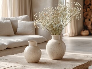 two white vases on the table in a living room, in the style of soft, dream-like quality, contemporary, beige, pure color