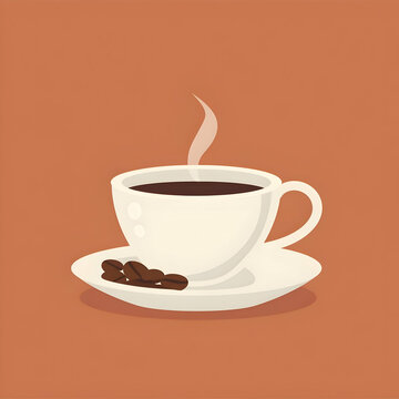 Flat illustration of coffee in a white cup decorated with coffee beans. High-resolution