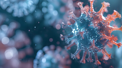 Microscopic macro closeup view of floating influenza virus cells concept illustration - obrazy, fototapety, plakaty