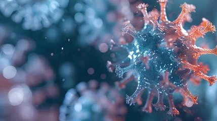 Fotobehang Microscopic macro closeup view of floating influenza virus cells concept illustration © BeautyStock