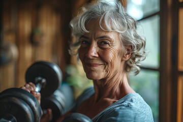 Smiling senior woman exercising with dumbbells