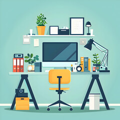 Flat illustration of the cozy working place with plants. High-resolution
