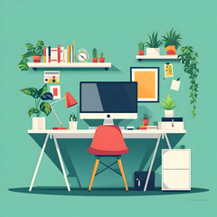 Flat illustration of the cozy working place with plants. High-resolution