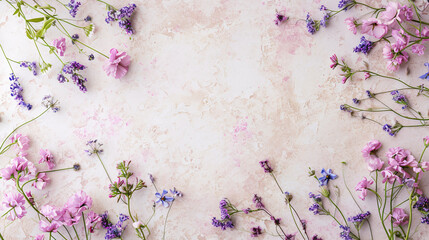 Vintage Floral Texture Background, Pink and Purple Wildflowers, Textured Botanical Layout, flowers background, Copyspace for text, Valentine's Day