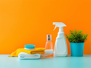 Housekeeping supplies minimal concept orange and blue colors. Cleaner and different brushes. High-resolution