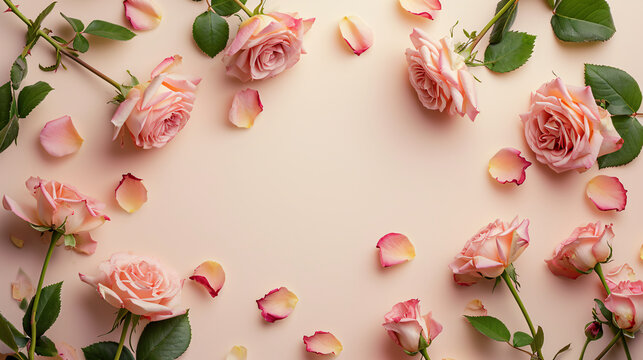 Pastel Pink Rose Petals Frame, Soft Roses On Ivory Background, Romantic Floral Decor,  Valentine's Day, Copyspace For Tex