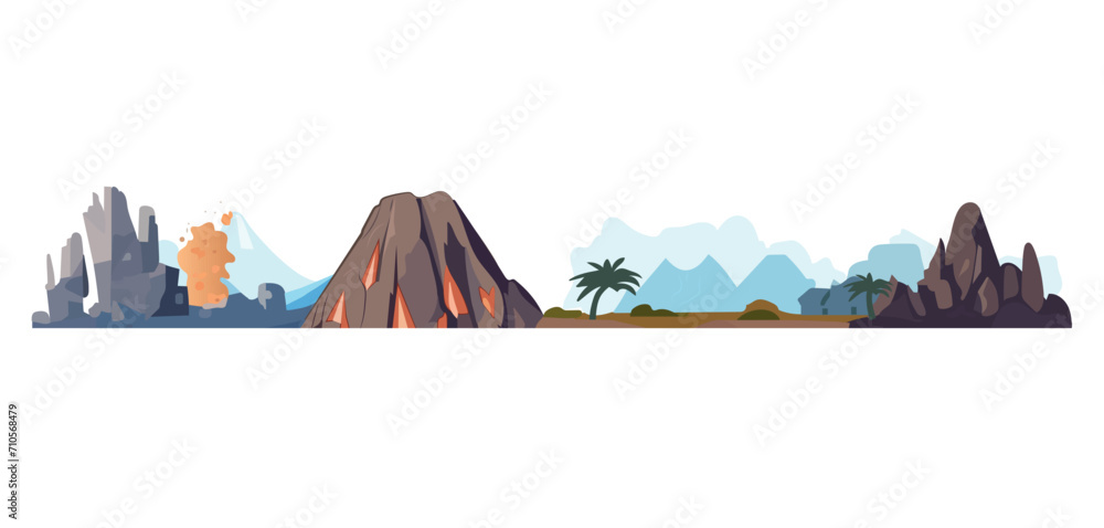 Poster volcano of colorful set. the cartoon design of the volcano landscape adds a playful and dynamic elem