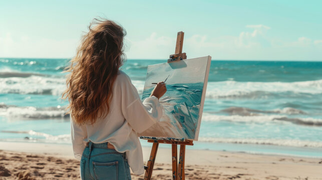 A young woman on a sandy beach draws a picture. Hobby and leisure concept. Painting on canvas. Lifestyle.