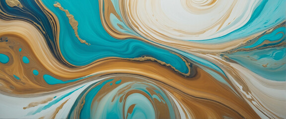 Abstract painting with turquoise, blue, and gold colors. Intricate patterns and wide header design.