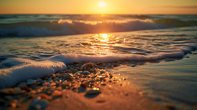 A tranquil beach scene bathed in warm sunset tones over gentle waves crashing onto the shore, dotted with seashells