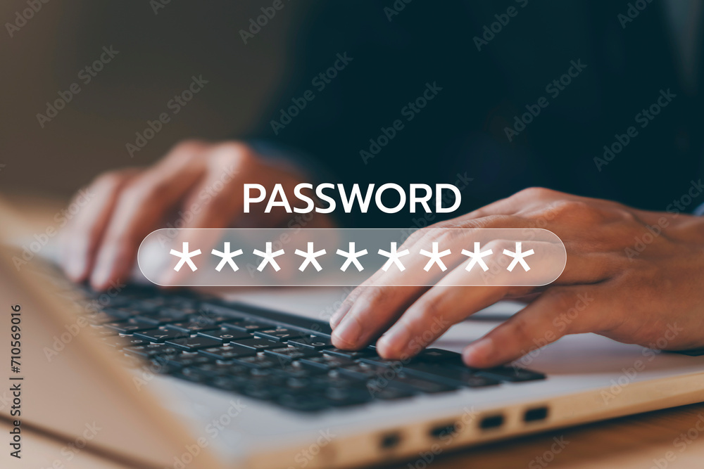 Aufkleber typing password on laptop. cyber security. data protection information. encryption and safety secure