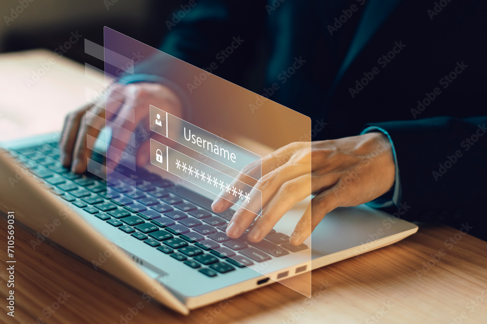 Poster username and password (login). cyber security. data protection information. encryption and safety se