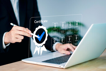 Approved e-document. Businessman assessment for certificate. Digital online documents with sign correct. Guarantee, Quality assurance, standardization. Customer service evaluation satisfaction