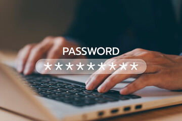 Typing password on laptop. Cyber security. Data protection information. Encryption and safety secured access to user personal data. Cybercrime. Compromised information internet. Cyber attack.