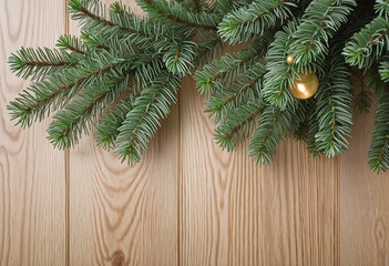 festive tree branches on rustic wood background
