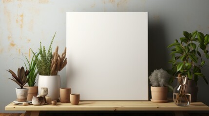 A thick white painting stands on the floor with art supplies, blank canvas 
