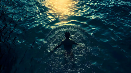 Top view of silhouette man swimming in the sea cinematic photo. High quality