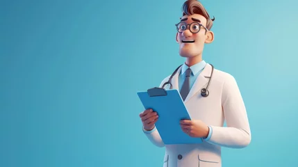 Poster 3d render, caucasian male doctor wears glasses and holds blue clipboard. Medical clip art isolated on blue background. © ANStudio