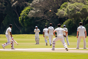 Cricket players in action during a match on a sunny day, with a batsman ready to hit the ball.
