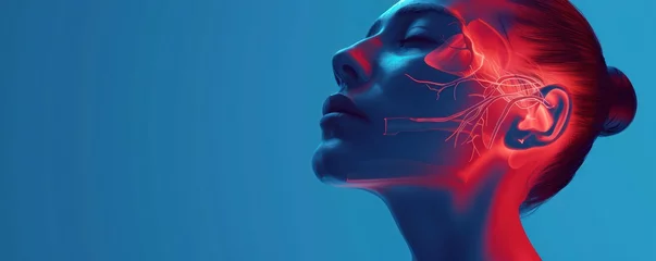 Fotobehang 3d render illustration of female face with red inflammated nasal, ear and throat area on blue background, otolaryngology clinic concept. © ANStudio