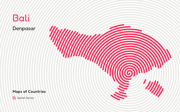 Abstract Simple Map of Bali in Spiral Fingerprint Pattern with Capital of Denpasar. 