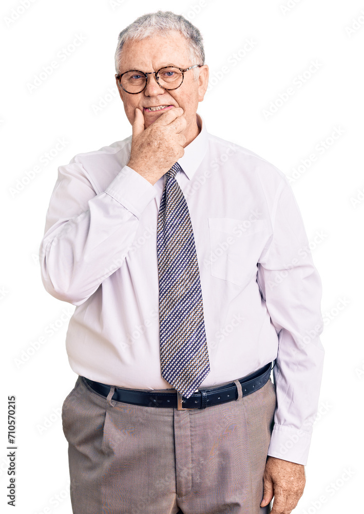 Poster Senior grey-haired man wearing business clothes looking confident at the camera smiling with crossed arms and hand raised on chin. thinking positive.