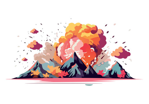 Volcanoes of colorful set. This artwork showcases design of a volcanic eruption, where the explosion's sheer power is beautifully depicted with billowing clouds of smoke. Vector illustration.